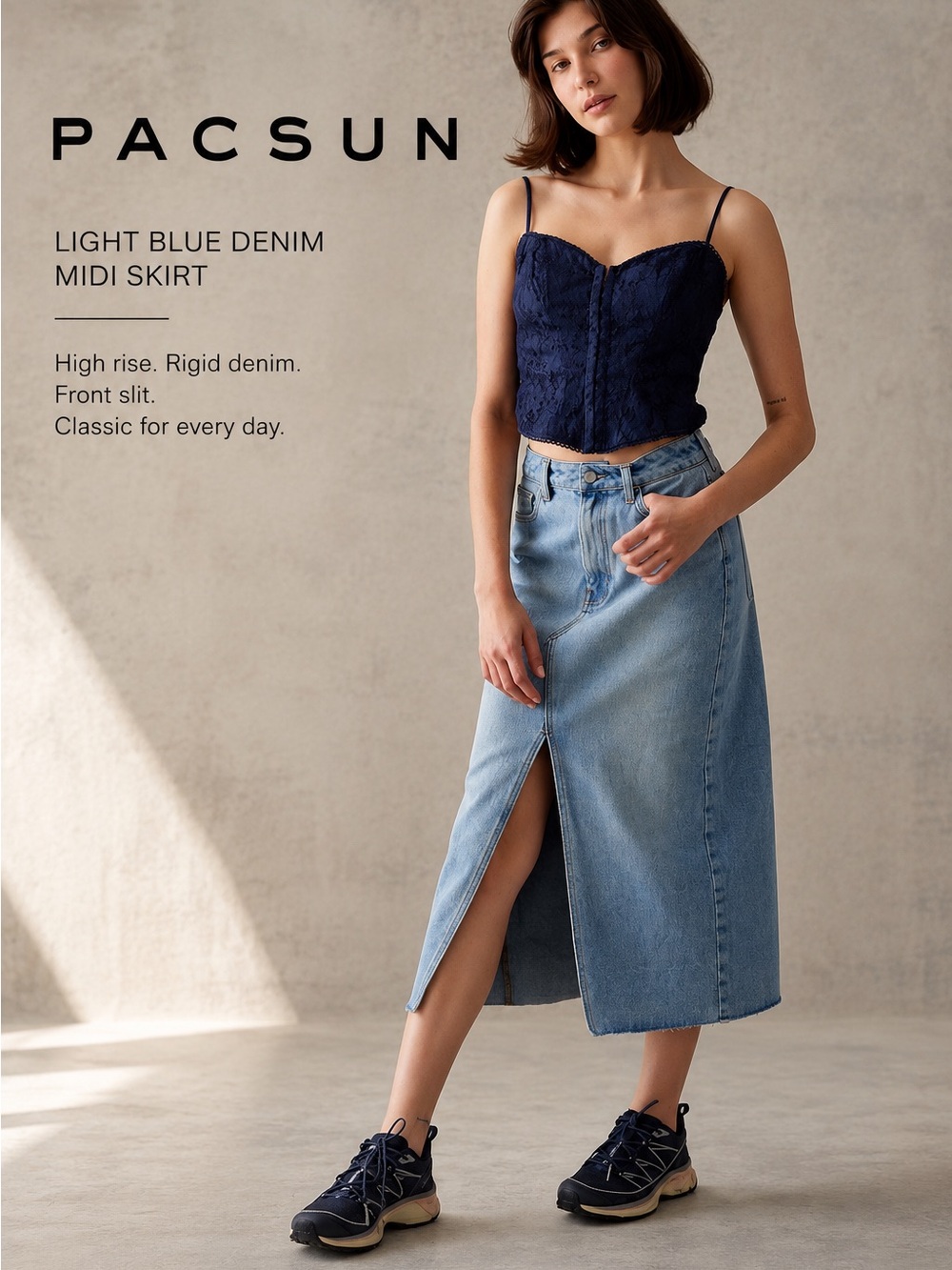 PacSun Light Blue Denim Midi Skirt 25 High Rise Front Slit Rigid Cotton Y2K C8